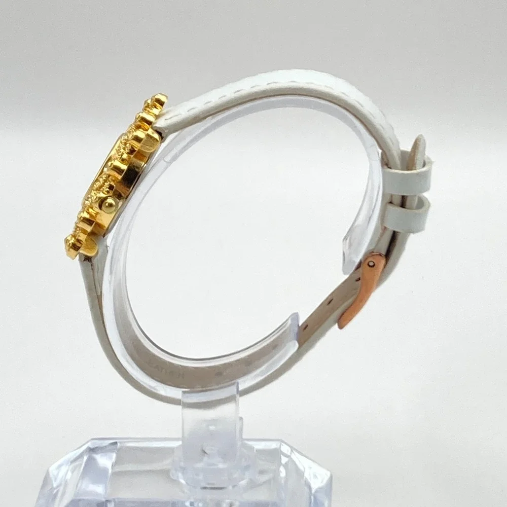 Avon Women's Watch Gold Tone Crystals Bling 35mm White Leather New Battery 7.75